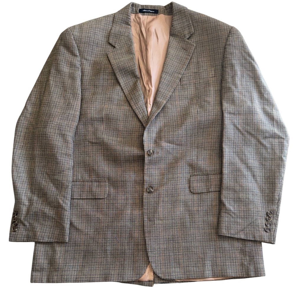 Lauren Ralph Lauren Mens 46L Silk Wool Houndstooth Blazer Sport Coat Brown Blue